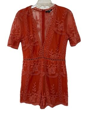 Fashion Nova Rust Orange Lace Romper Women’s Large Boho Embroidered Shorts Lined